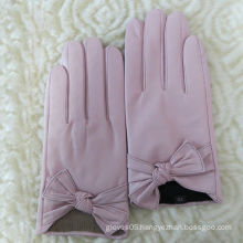 High grade light pink womens fashion bow leather gloves
